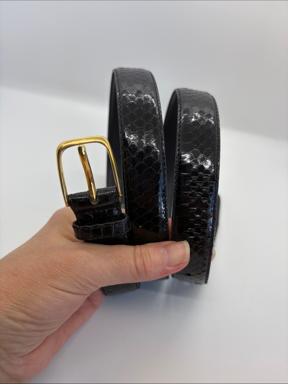 Vintage Black Snakeskin Leather Belt with Gold Buckle Size 38/95